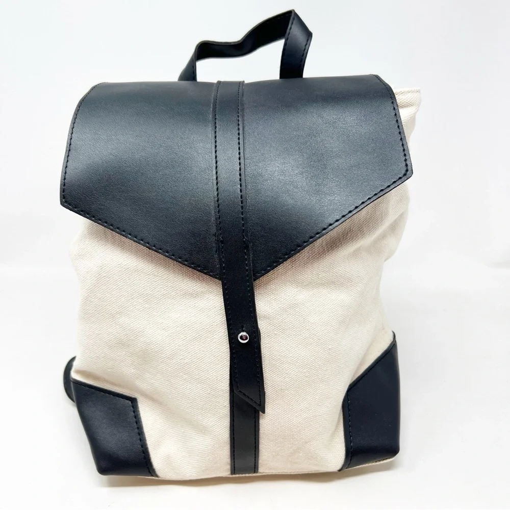 DEUX LUX OFF-WHITE CANVAS VEGAN BLACK LEATHER BACKPACK